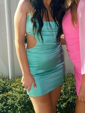 Oh Polly Green Satin Mini Dress with Rhinestone Cut Outs